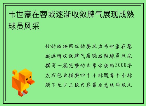 韦世豪在蓉城逐渐收敛脾气展现成熟球员风采